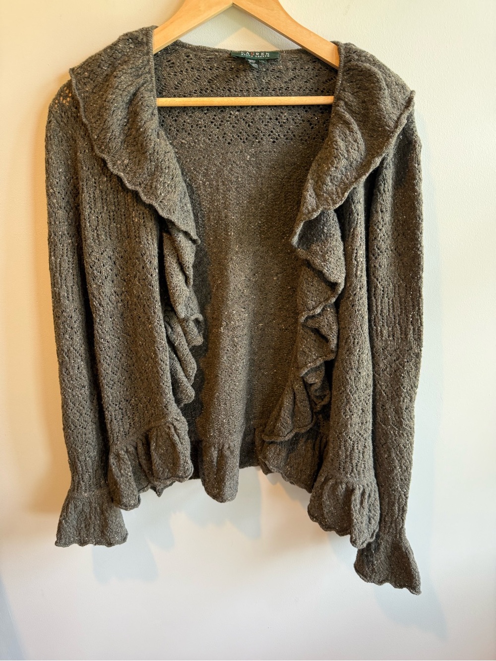 Lauren Ralph Lauren Olive Green Ruffle Knit Wool Cashmere Blend Cardigan, XL